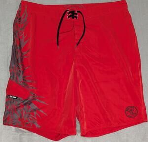 Da Hui Board Shorts Mens 40 Red Hawaiian Palm Surf Swim Trunks Quick Dry